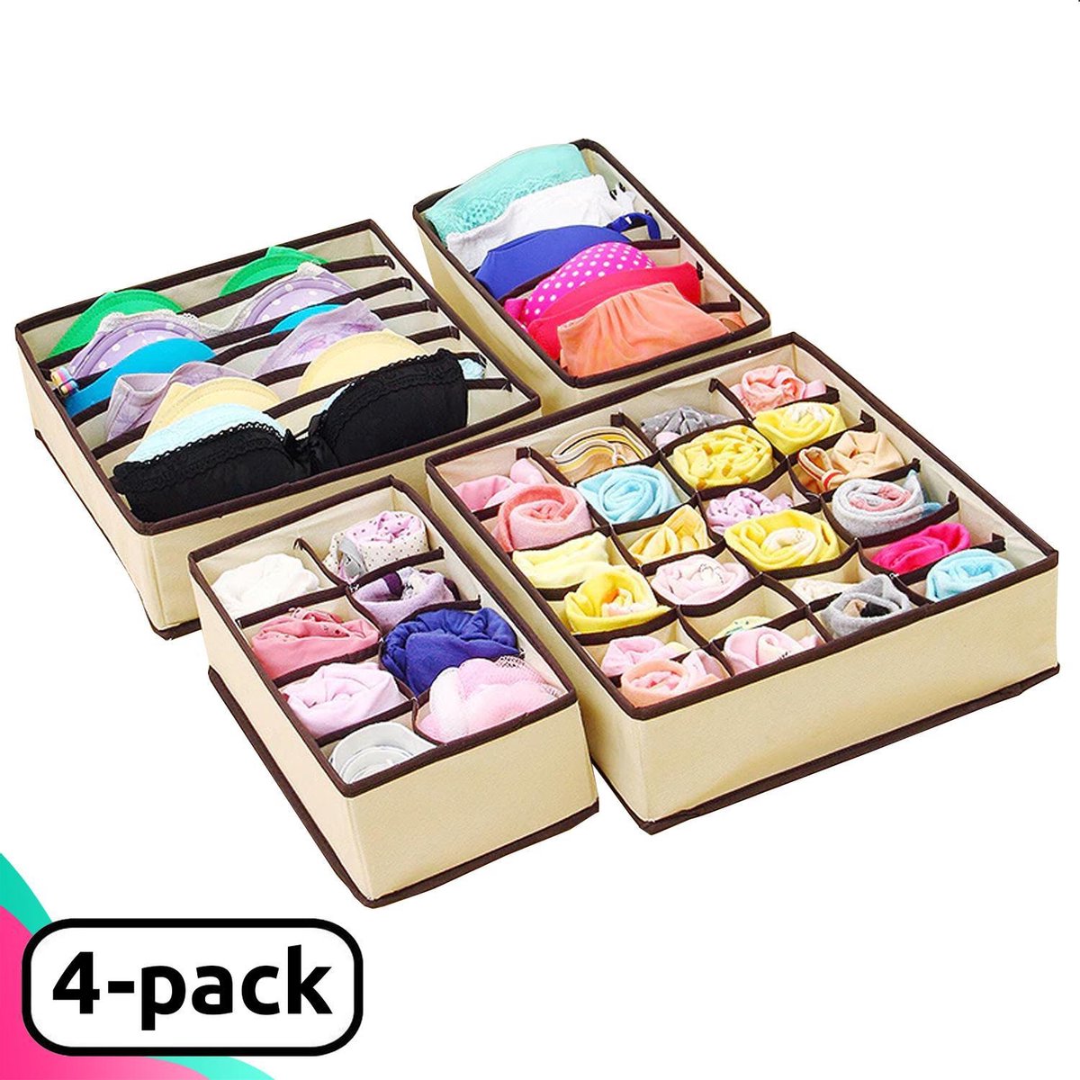 Dayshake® Kleding Opbergbox Set - 4 stuks - Kleding Organizer Beige - Opvouwbare Kastlade Verdeler - Opbergsysteem Met Vakken