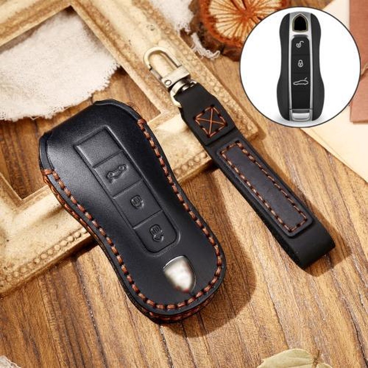 Hallmo Auto Koeienhuid Lederen Sleutel Beschermhoes Sleutel Case voor Porsche Macan 718 2021 B Stijl (Zwart)