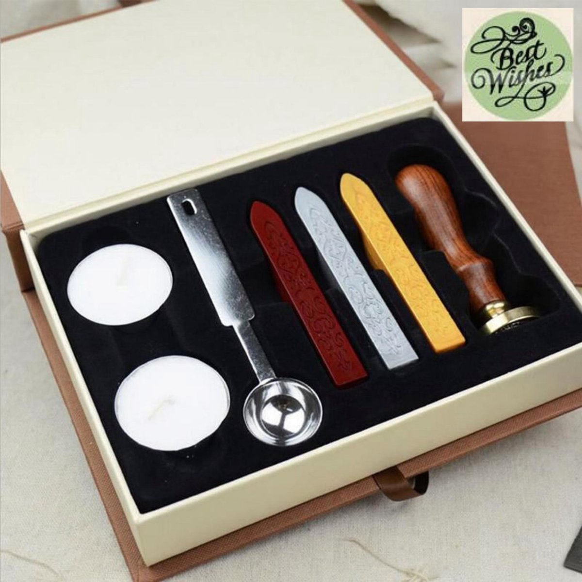 Wax stempel - zegel set - sealing wax - wax stempel set cadeauverpakking - Best wishes zegel