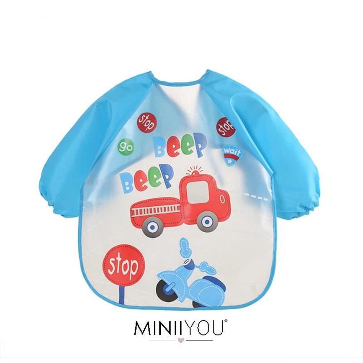 MINIIYOU® Slabber lange mouwen | Knutsel verf short | Auto in het verkeer - Tekst: Beep Beep - blauw| Baby en Peuter | Slabbetje