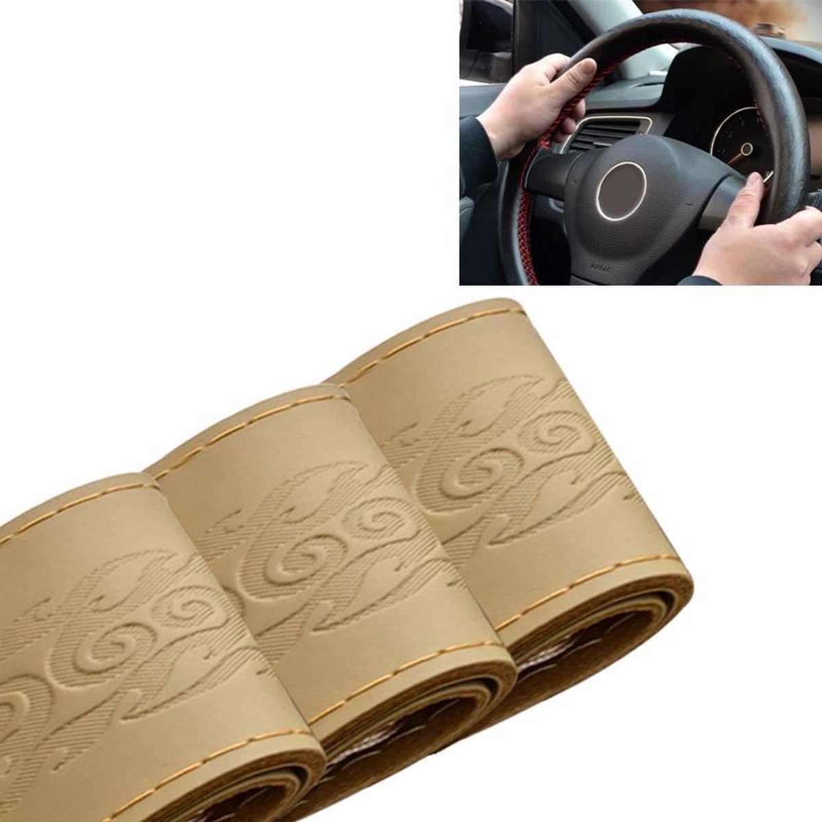 MILI echt leer Handgestikte autoaanpassing Stuurhoes (beige)