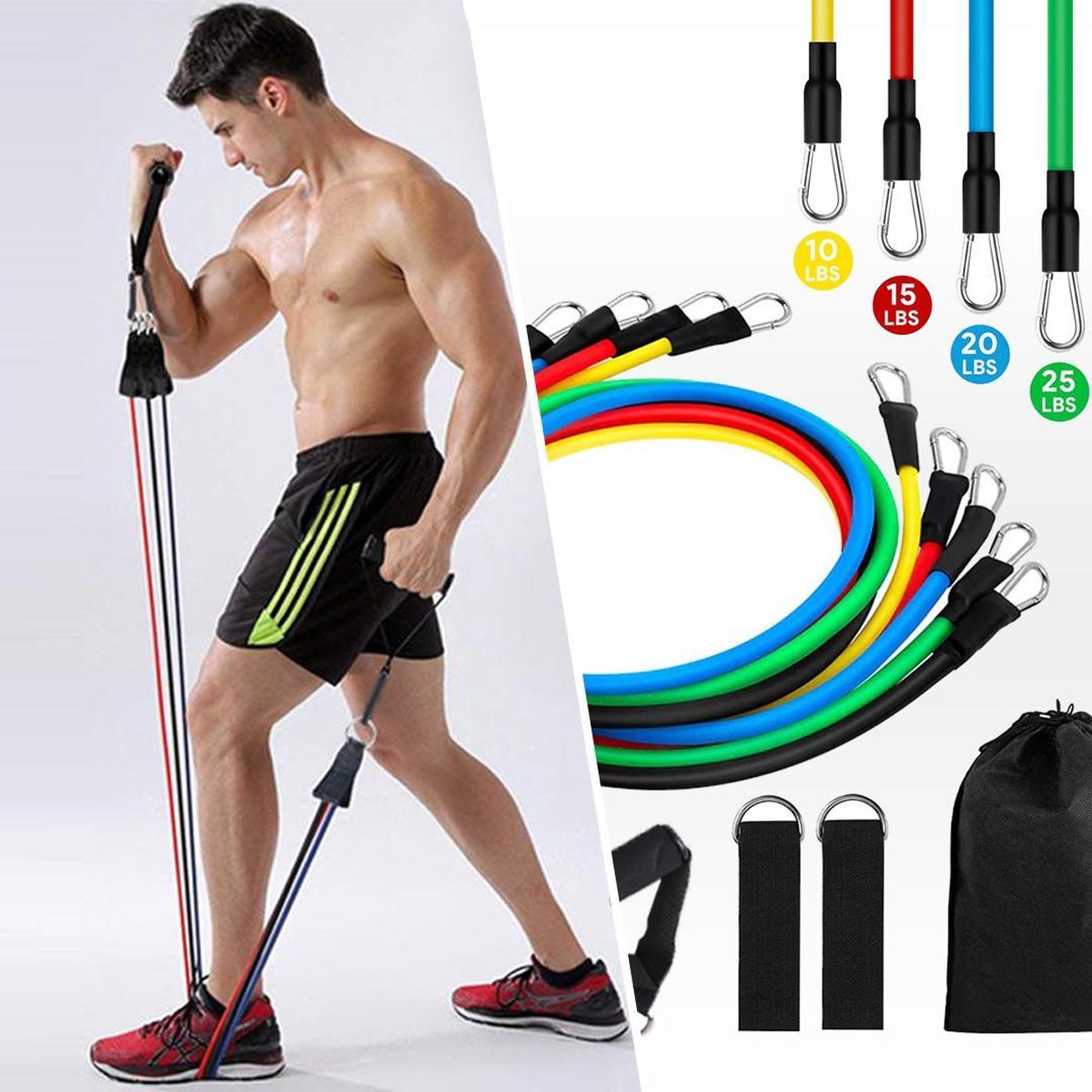 Flamosa - Weerstandsbanden - Fitness Elastiek - Booty Band - Resistance Band Set - 11 delig - Weerstandsbanden met Handvaten - met Enkelbanden - met Deurklem