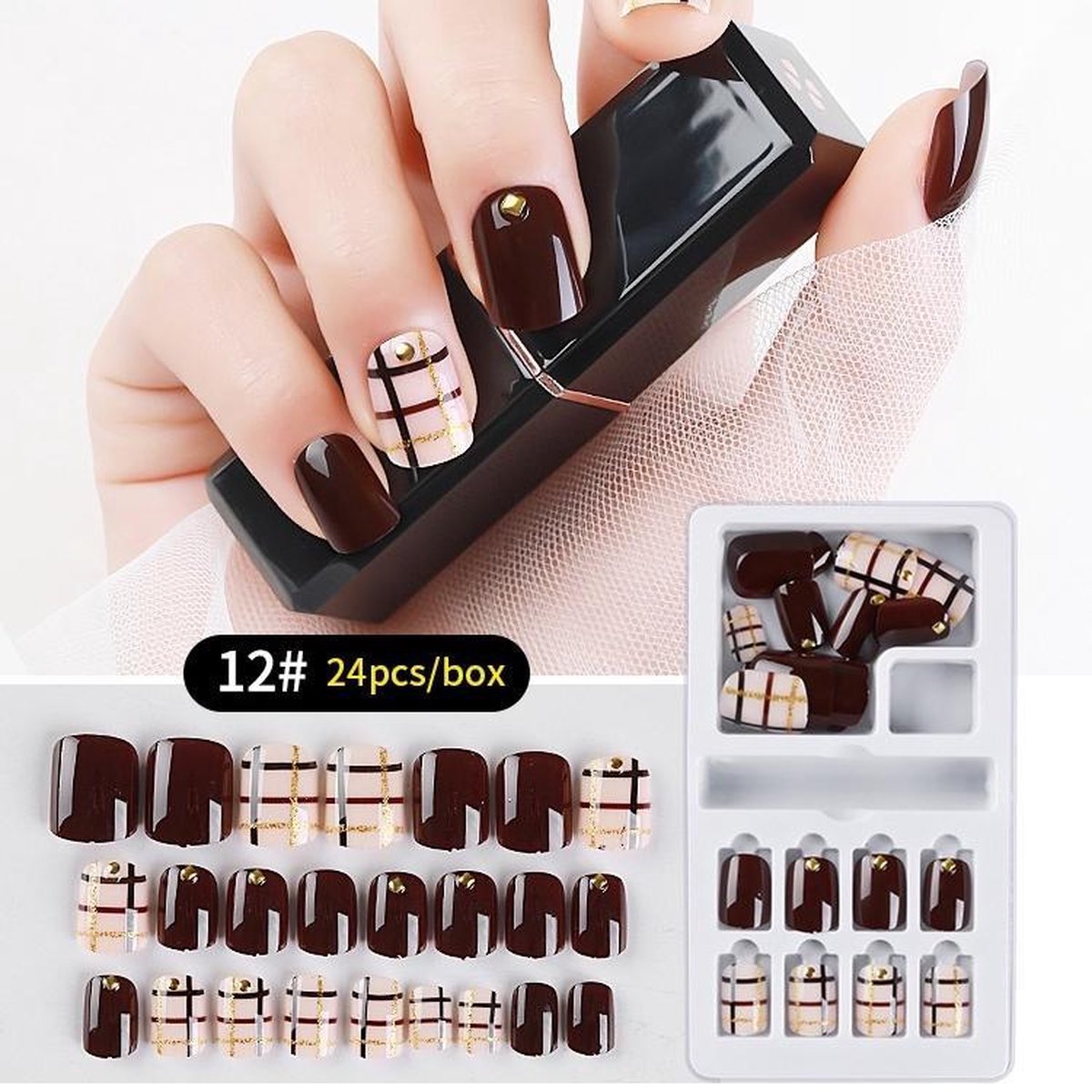 Herbruikbare Kunstnagels Strass #12 Roze/Bruin 24st.