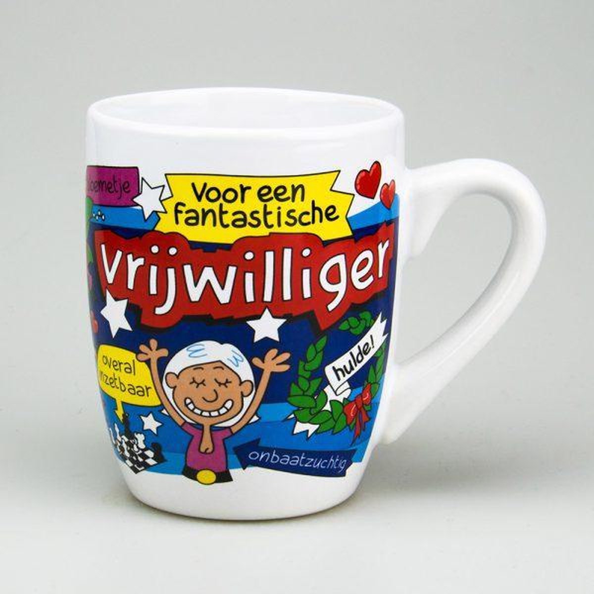 Mok - Cartoon Mok - Voor een fantastische vrijwilliger - Gevuld met een luxe cocktailmix - In cadeauverpakking met gekleurd krullint