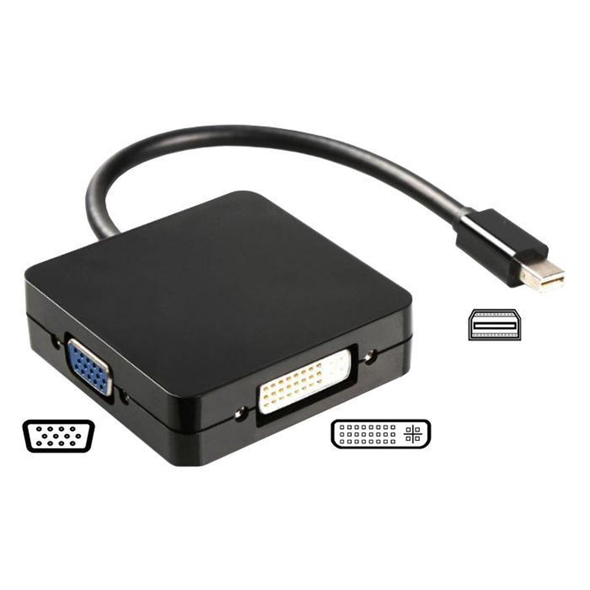 XIB Mini Displayport naar DVI VGA en HDMI vierkant / 3-in-1 adapter / Mini DP to DVI + VGA + HDMI - Zwart