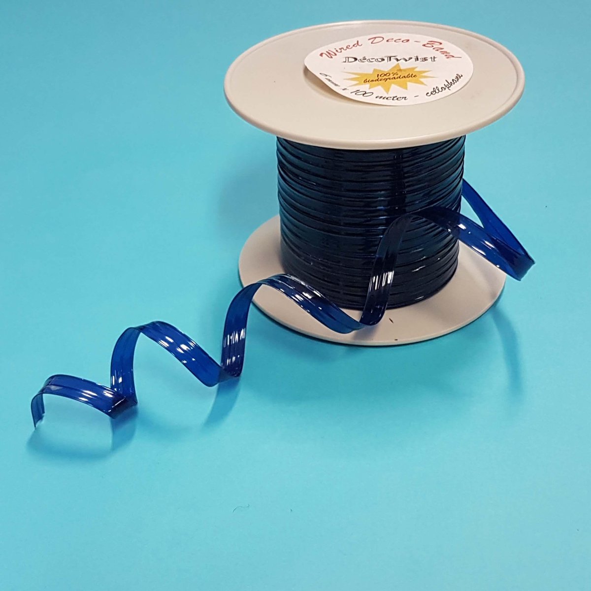 Deco Ribbon 100% Biodegradable Blue 6mm x 100 meters and enhanced with metal wire (1 roll)