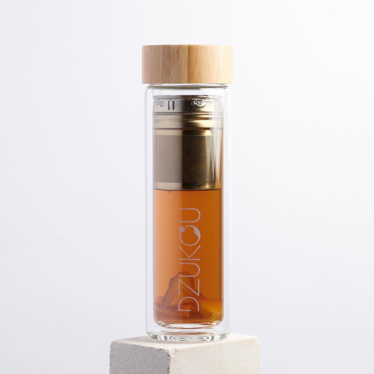 Dzukou - Theeglas met Filter - Waterfles met Fruit Filter - Bamboe Thermosfles - 425 ml Dubbelwandig Glazen Waterfles - Theefles - Duurzame en Milieuvriendelijke Theebeker voor onderweg – Luchtdicht en Lekvrij