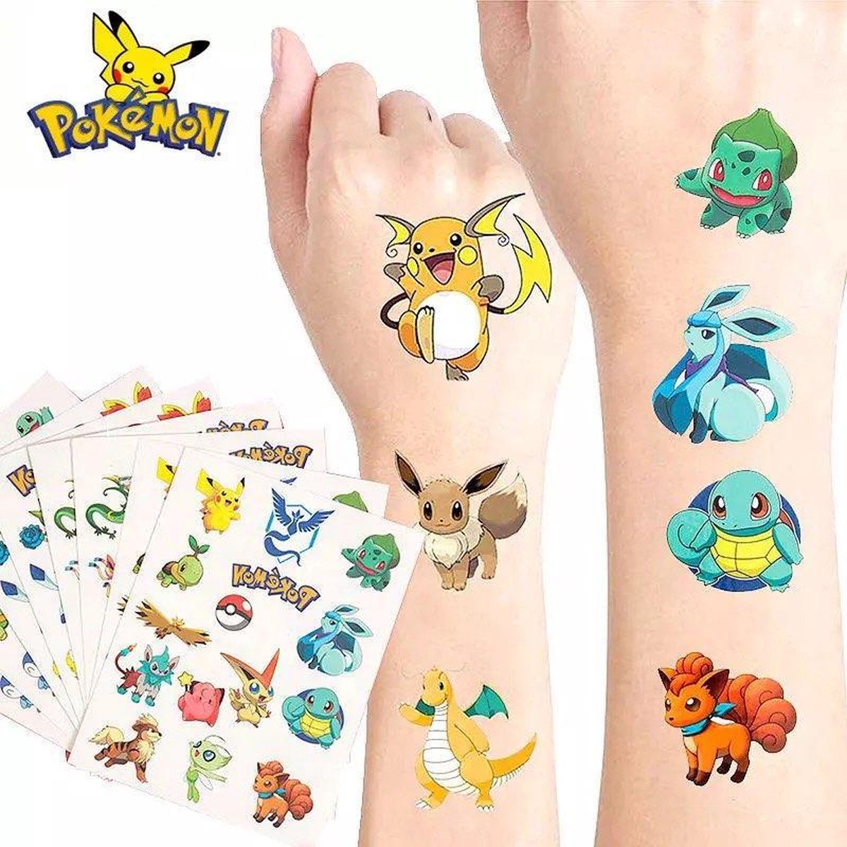 EverToys  Pokémon Tattoo - 45x stickers -  Pikachu - kinderen - Plak Tattoos - Tijdelijke tattoo -  Fake Tattoo - Speelgoed - PokTat