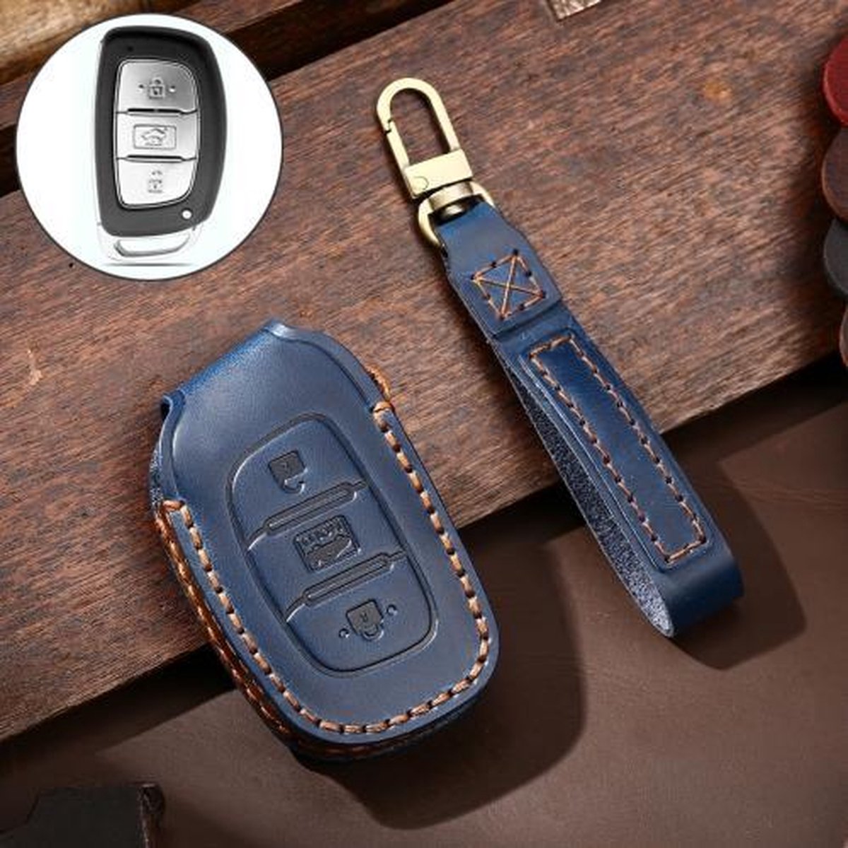 Hallmo Auto Koeienhuid Lederen Sleutel Beschermende Cover Sleutel Case voor Hyundai IX35 A Stijl (Blauw)