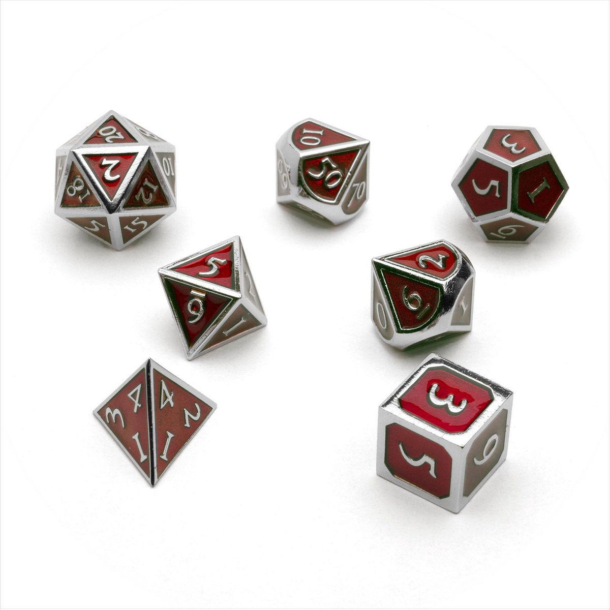 7 delige Metalen Dobbelstenen Set - Dungeons & Dragons - inclusief Opbergzakje - Rood Zilver
