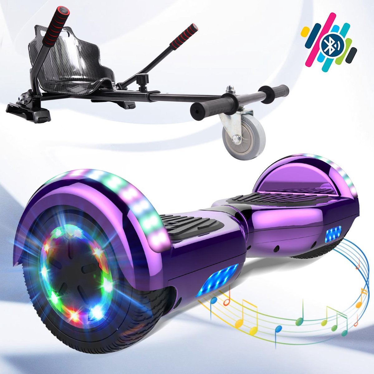 Evercross Hoverboard 6.5 Inch | Flits Wielen | Bluetooth Speaker | LED verlichting | Paars Chroom + Hoverkart Koolzwart