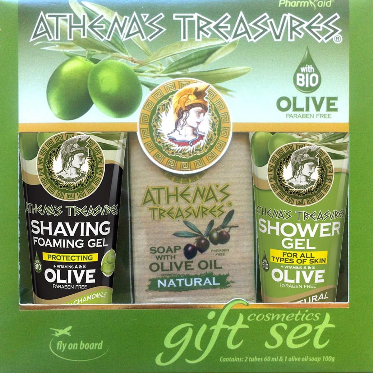 Pharmaid Athenas Treasures Cadeuset 72 |Shaving Gel|Shower Naturel & Olijfolie zeep 100gr | Cadeau Skincare