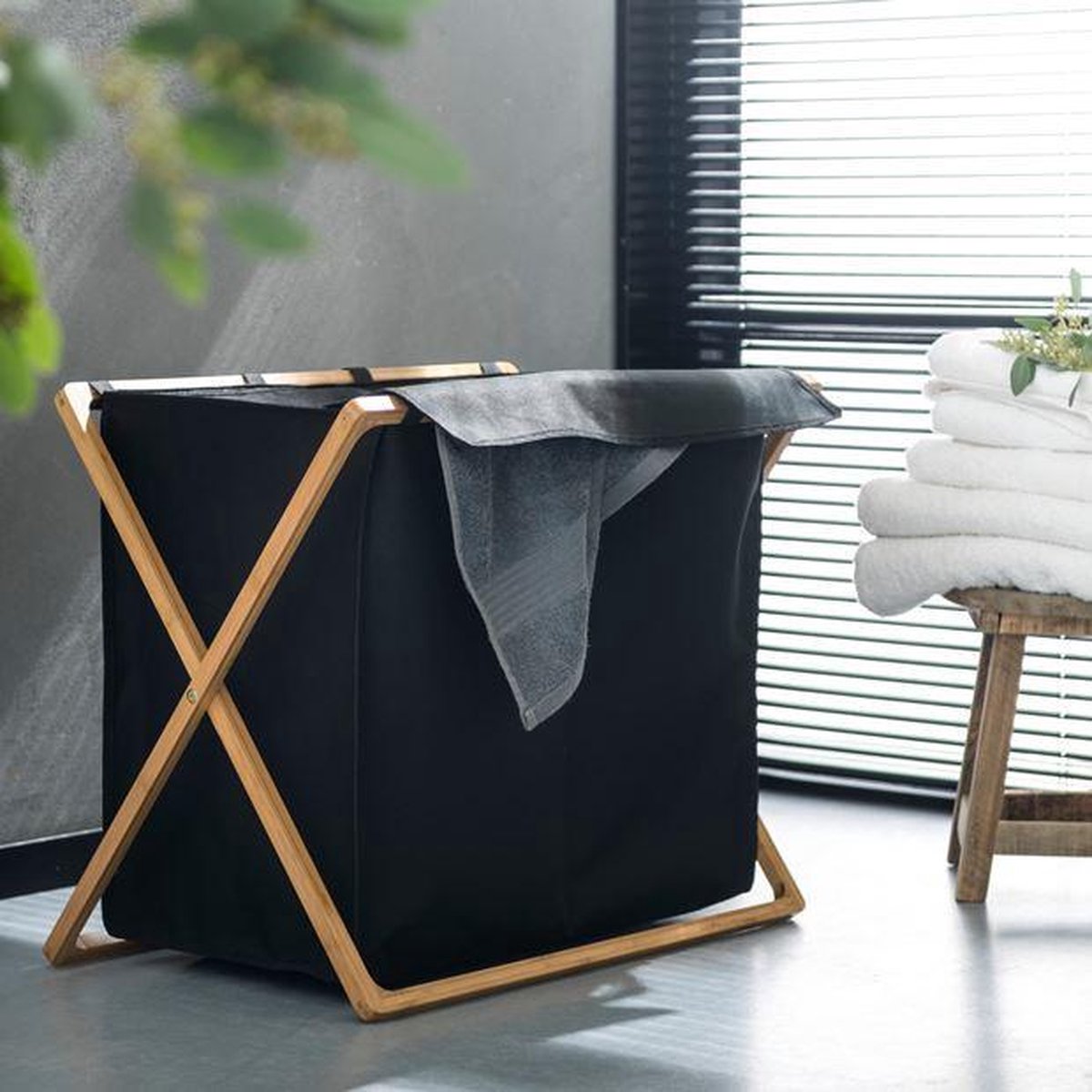 Wasmand Zwart Linnenmand 2 Vakken Bamboe