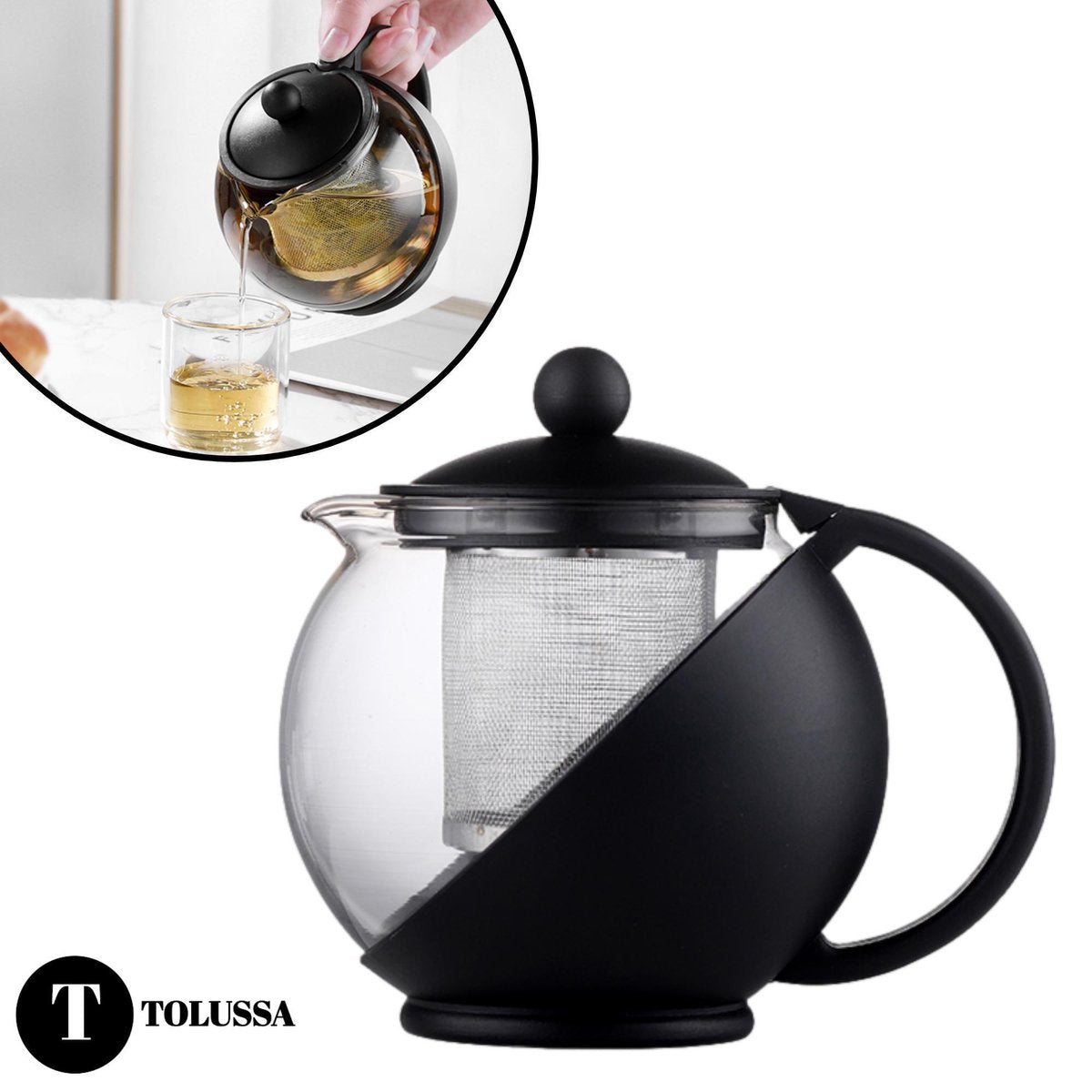 Tolussa theepot - theepot glas - theepot met filter - glazen theepot - zwart - borosilicaat glas - anti-druppel tuit