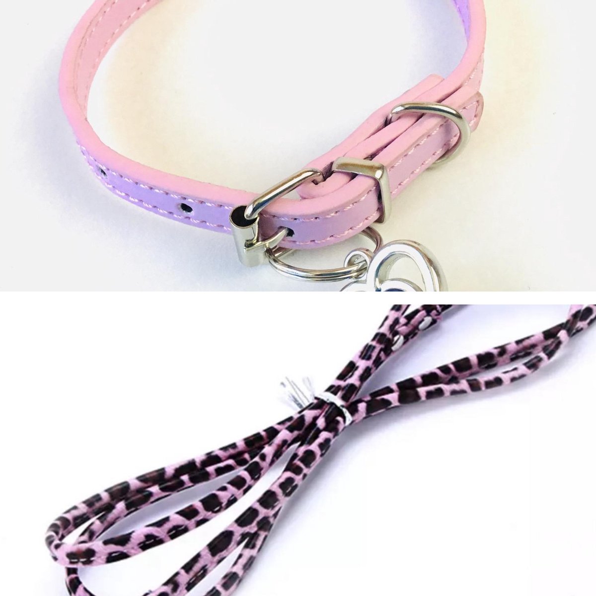 Leren Hondenhalsband Met Riem Panterprint - Roze - Kleine Honden - XS - Nek 20 tot 28 CM