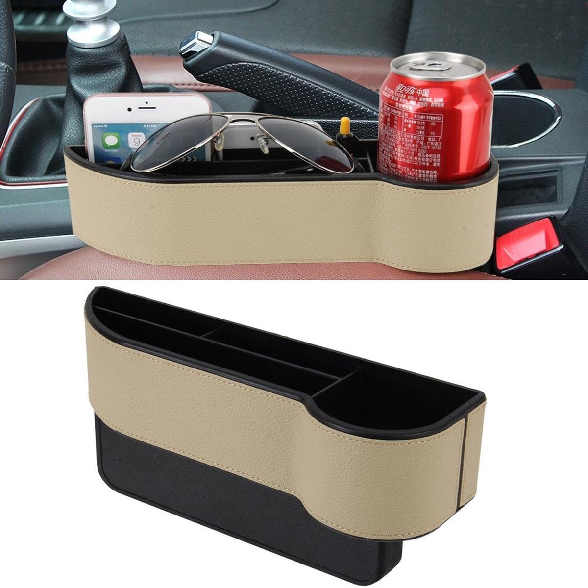 Autostoel Spleet Opbergdoos met Interval Cup Bekerhouder Auto Kloof Pocket Opbergen Opruimen voor Telefoon Pad Kaart Munt Case Accessoires (Khaki)
