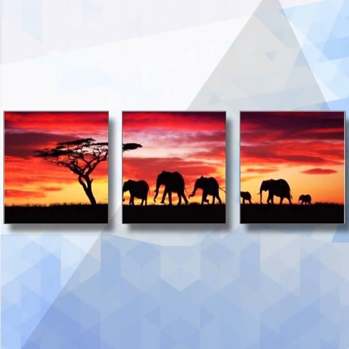 Schilderen op nummer pakket Olifant Silhouet Drieluik - drie keer 40 x 50 cm  - met frame