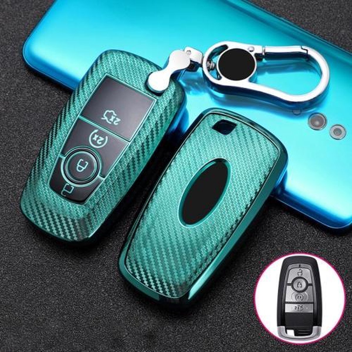 Voor Ford Smart 4-knops auto TPU sleutel beschermhoes sleutelhoes met sleutelring (groen)