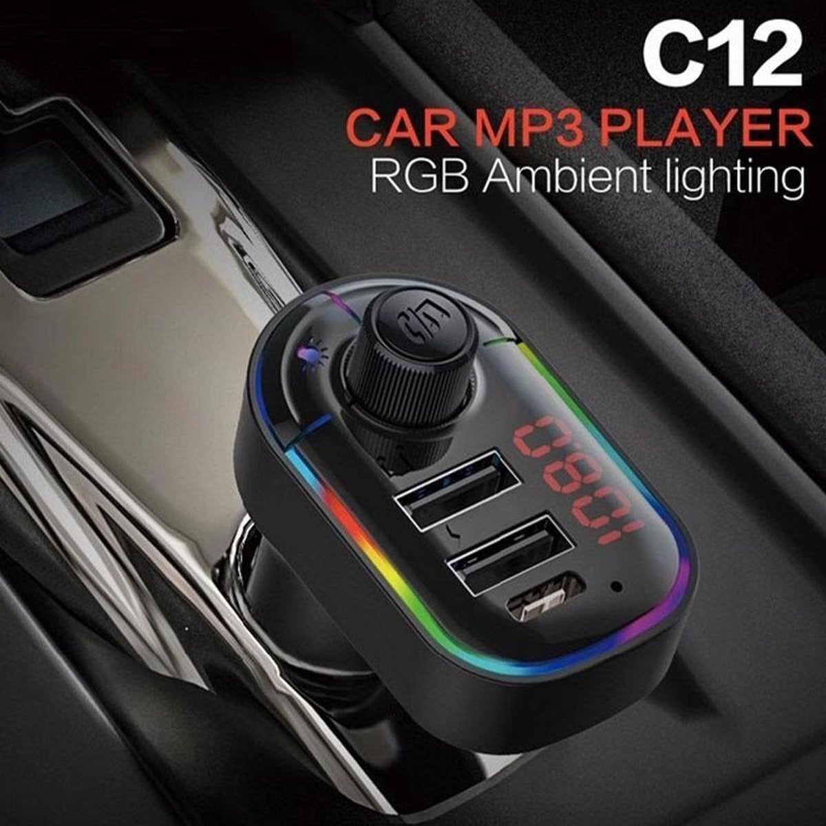 Bluetooth Carkit C12 FM Auto MP3 Speler | auto lader met USB C en 2x USB connector