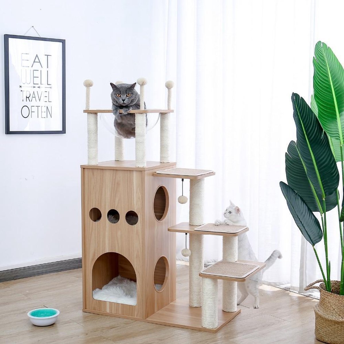 Baymate Huisdier Krabpaal Huis Toren Condo Hout Kat Krabben Sisal Bedekte Krabpalen Pads met Speelbal voor Katten Kitten AMT0062BG