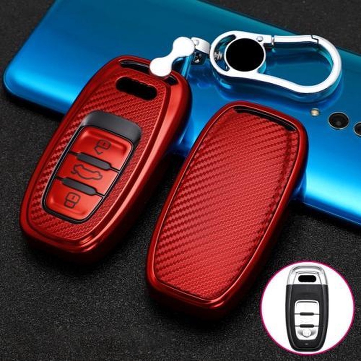 Voor Audi Smart 3-knops C-versie Auto TPU Sleutel Beschermhoes Sleutelhoes met sleutelring (rood)