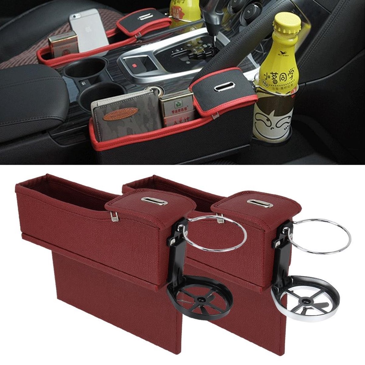 2 STKS Autostoel Spleet Opbergdoos met Interval Cup Bekerhouder Organizer Auto Kloof Pocket Opbergen Opruimen voor Telefoon Pad Kaart Munt Case Accessoires (wijnrood)