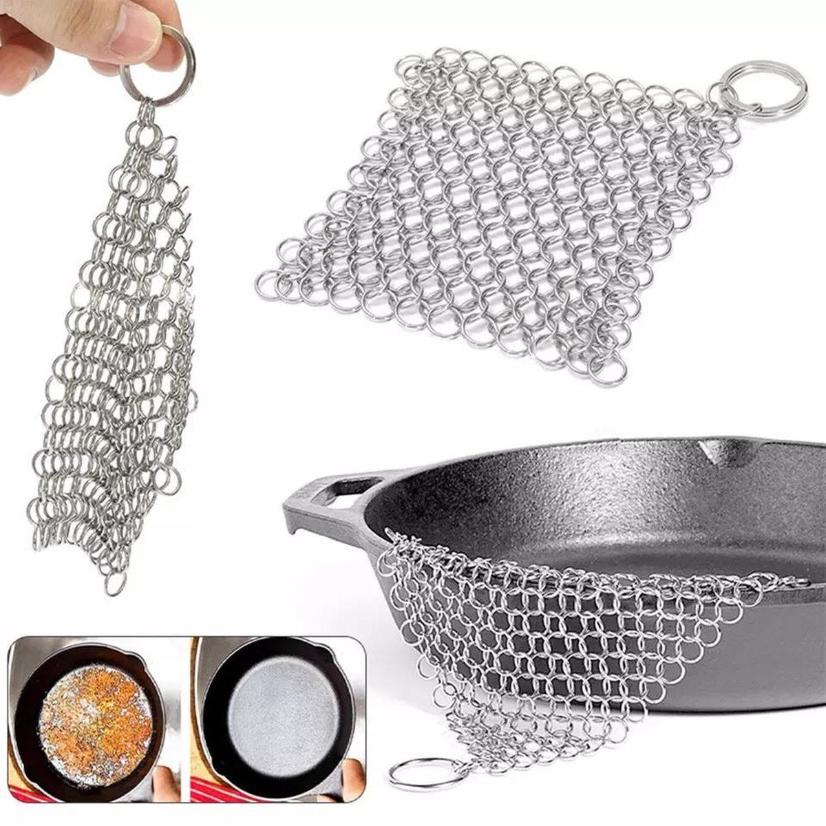 LOUZIR RVS Gietijzer Cleaner voor Pannen - Metalen Borstel- scrubmat- Zilver