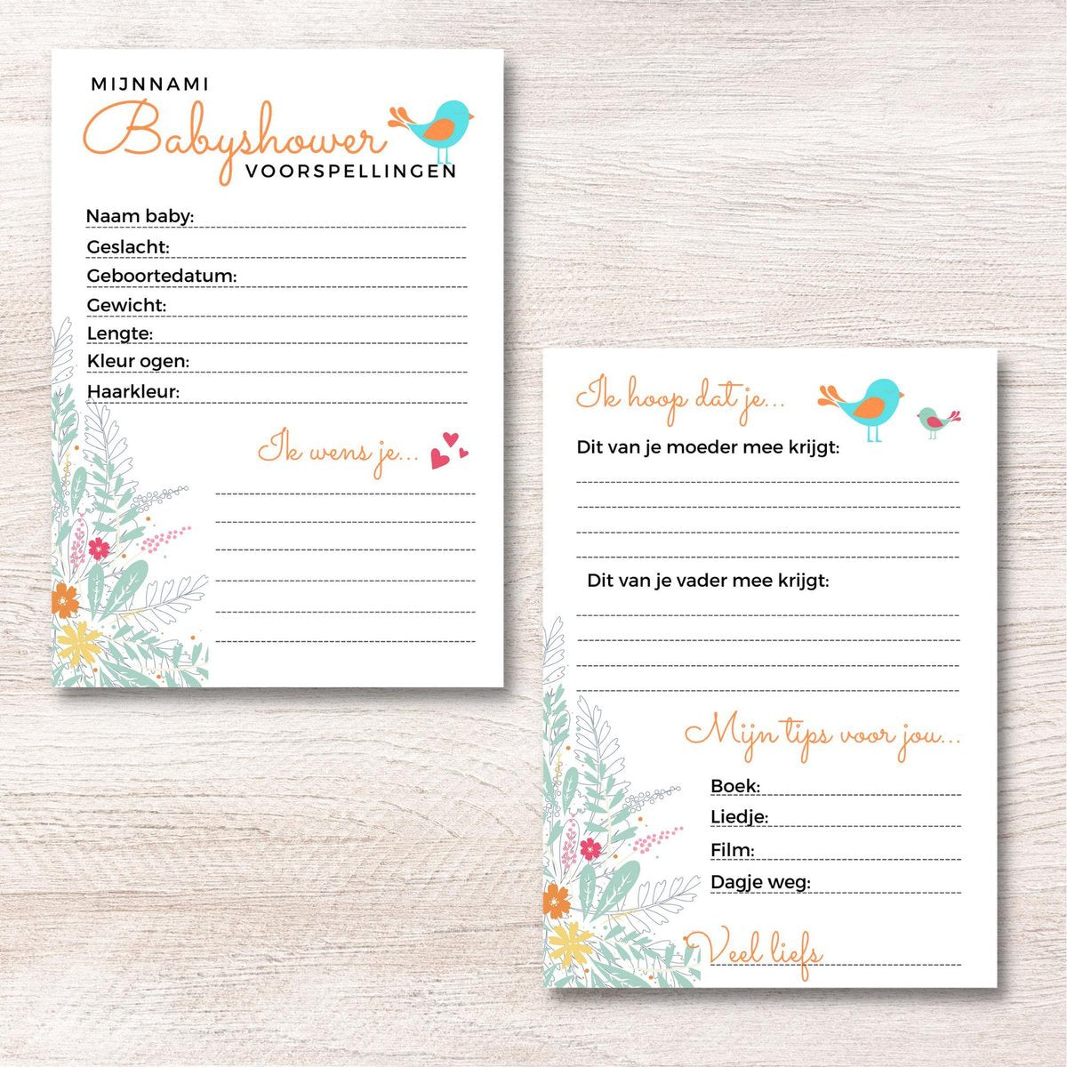 Babyshower Invulkaarten Birds 10 stuks - A6 300 Grams - Babyvoorspellingen - Babyshowerspelletjes