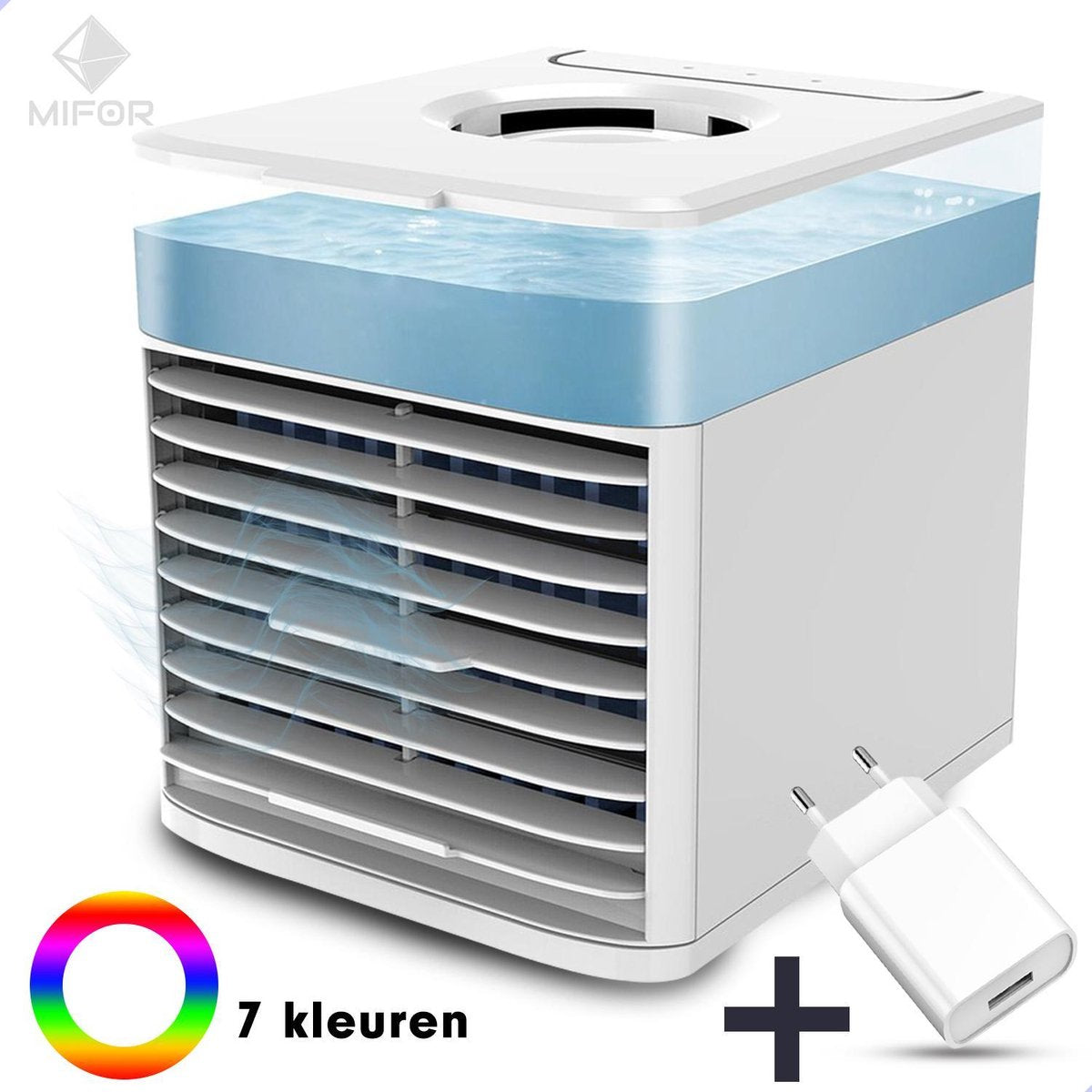MIFOR® NIEUW 2021 AIRCOOLER met 7 kleuren LED verlichting - 4 in 1 Ventilator - Verkoeling - Koele lucht - Waterreservoir - INCL. USB Adapter Plug
