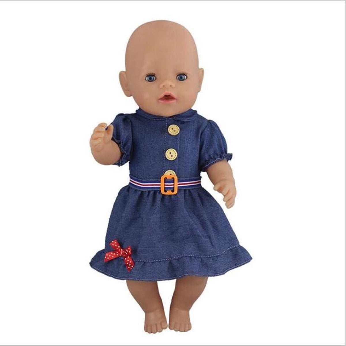 Poppenkleding meisje - Blauw jeans jurkje met strikje - Kleertjes voor poppen tot 43CM