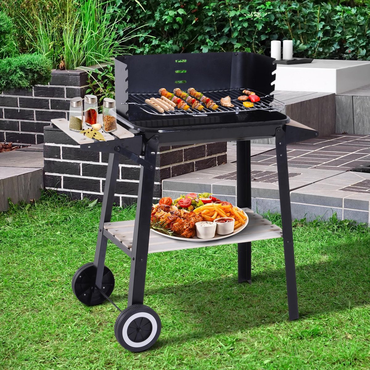 EKEO -  Barbecue - Houtskoolgrill met windbescherming BBQ  - 2 x opbergvak - Verstelbaar
