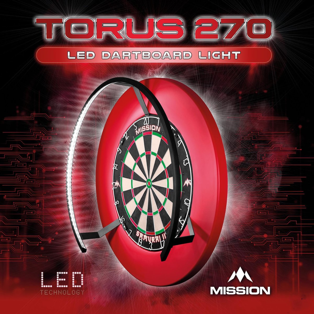 Mission Torus 270 Led Dartbord Verlichting + Rubberen Surround Rood + Mission Samurai 2