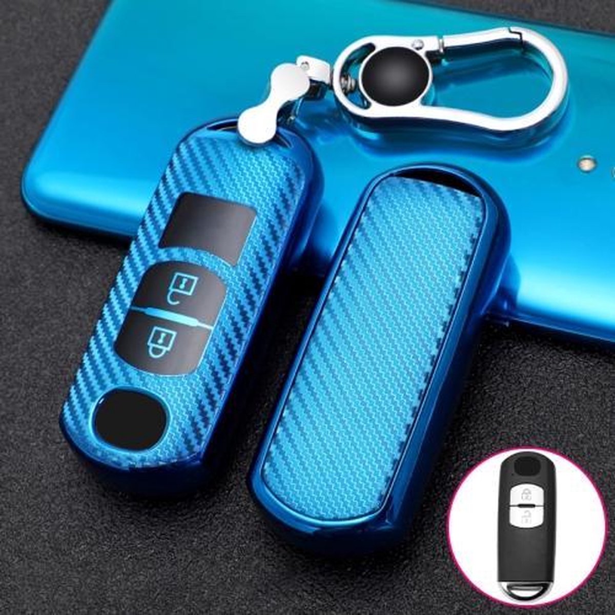 Voor Mazda Smart 2-knops auto TPU sleutel beschermhoes sleutelhoes met sleutelring (blauw)