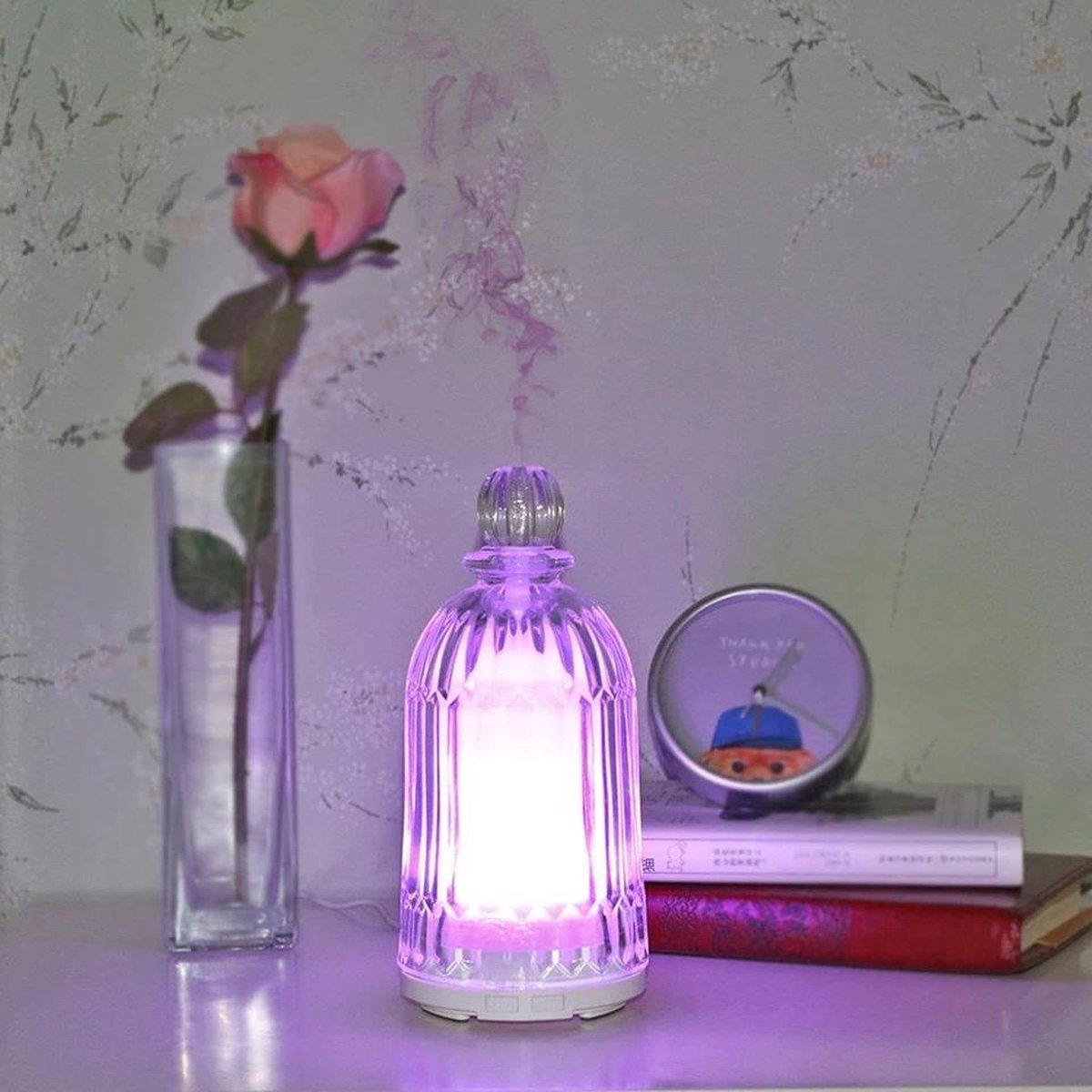 Aroma Vernevelaar - Lucht Bevochtiger - 120ML Aroma Diffuser - Ultrasonische werking met Sfeerverlichting - 3D Glas crystal - wit
