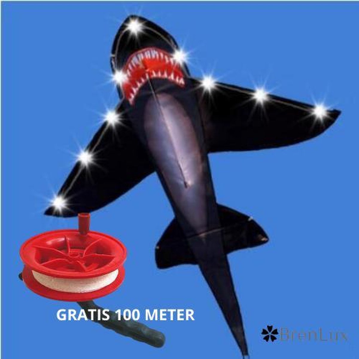 ✿BrenLux® Windvlieger met LICHT- Windvlieger Haai met GRATIS  100 meter touw - Vlieger met 100 meter lijn - Windvlieger - Strandvlieger - Vlieger Shark – Vliegeren – Vlieger voor volwassenen en kinderen – Windvlieger 155 x 160cm