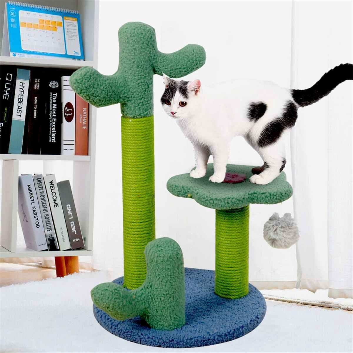 TBG Cactus Krabpaal Kat Klimmen Toren Stabiele Pluche Zitstokken Kat Krabpalen Activiteit Centrum Grot Speelgoed voor Indoor Katten Activiteit Green