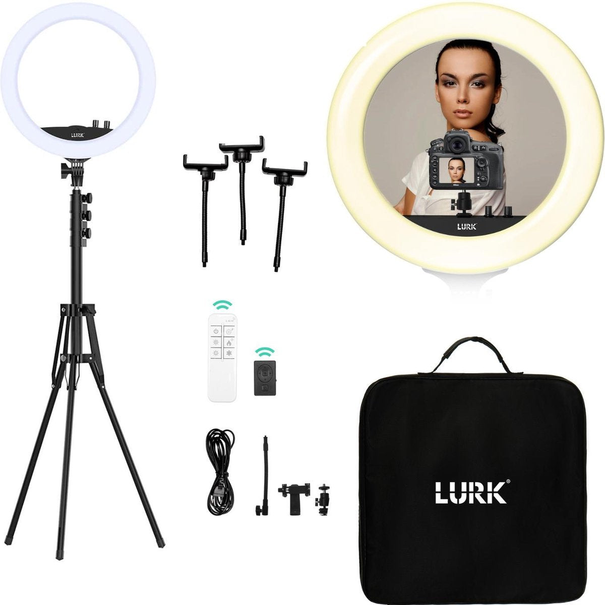 LURK® Ringlamp set PRO 15 inch - Verstelbaar statief & afstandsbieding – LED Selfie Ring Of Light  - Geschikt voor smartphone en (actie)camera