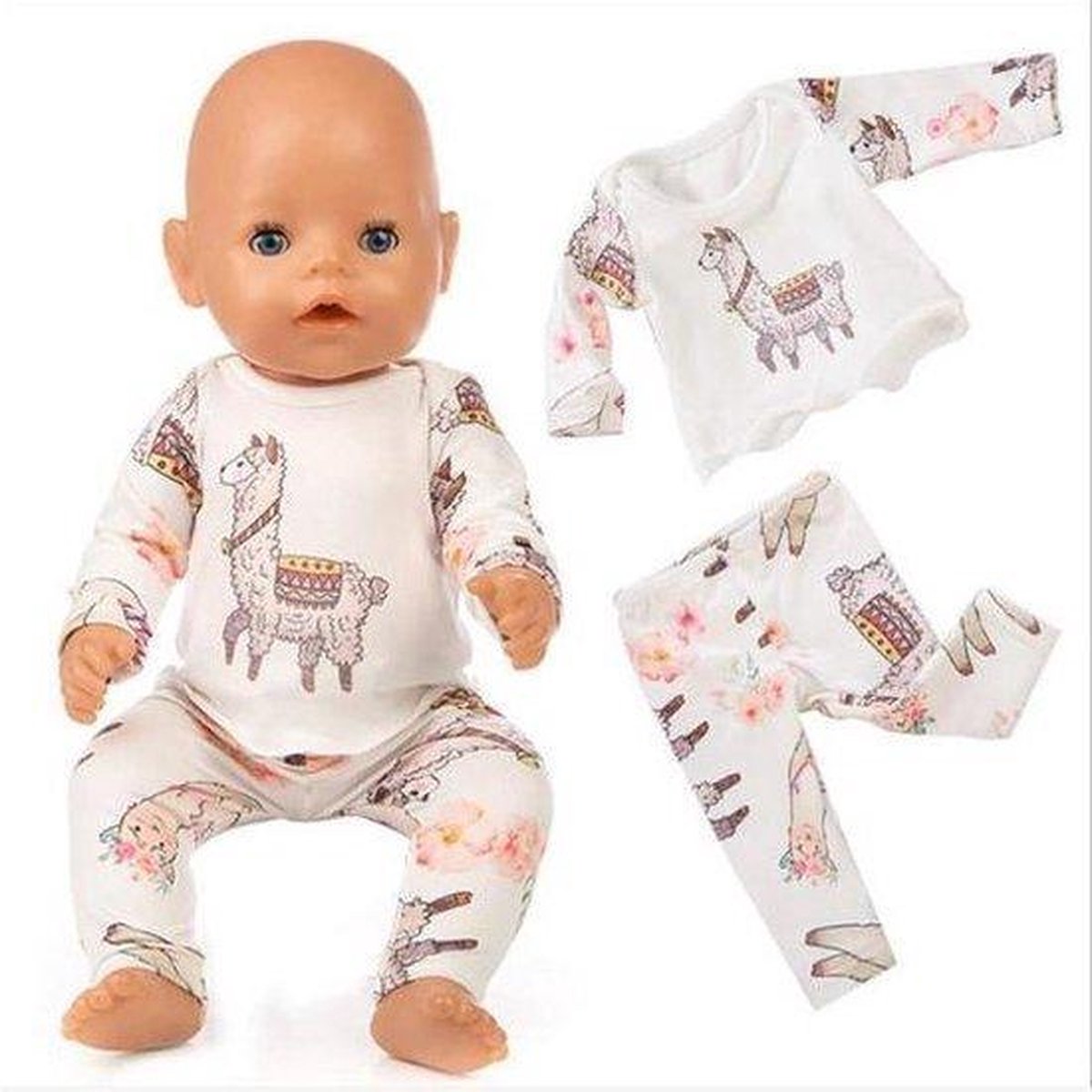 Dolldreams | Poppenkleertjes: Witte Pyjama met Alpaca's en rozen voor poppen tot 43CM