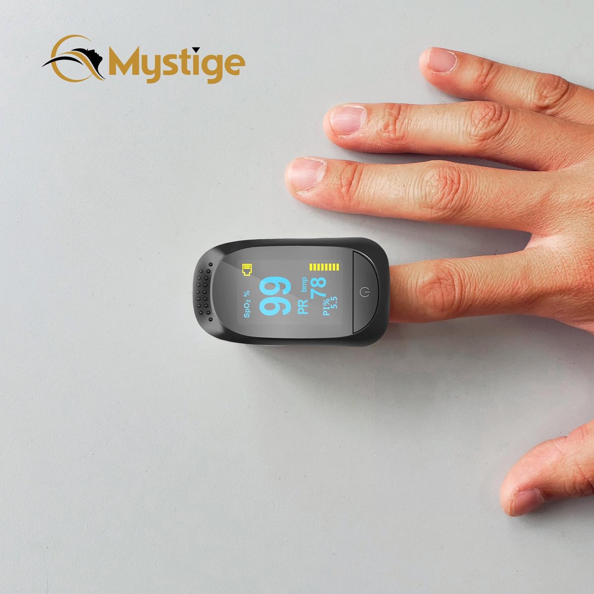 Mystige ® Saturatiemeter met Hartslagmeter – Oximeter – Zuurstofmeter – CE Gecertificeerd - Zwart