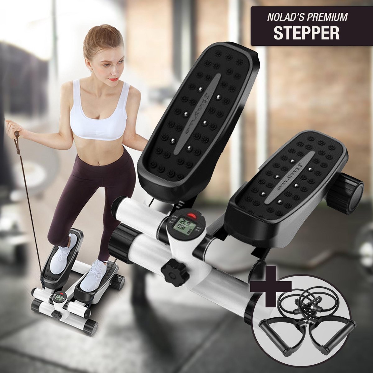Nolad® Premium Stepper - Fitness stepper met Monitor - Mini Stepper - Instelbaar op Diepte - Met Digitale monitor - inclusief Weerstandsbanden - Zwart/wit