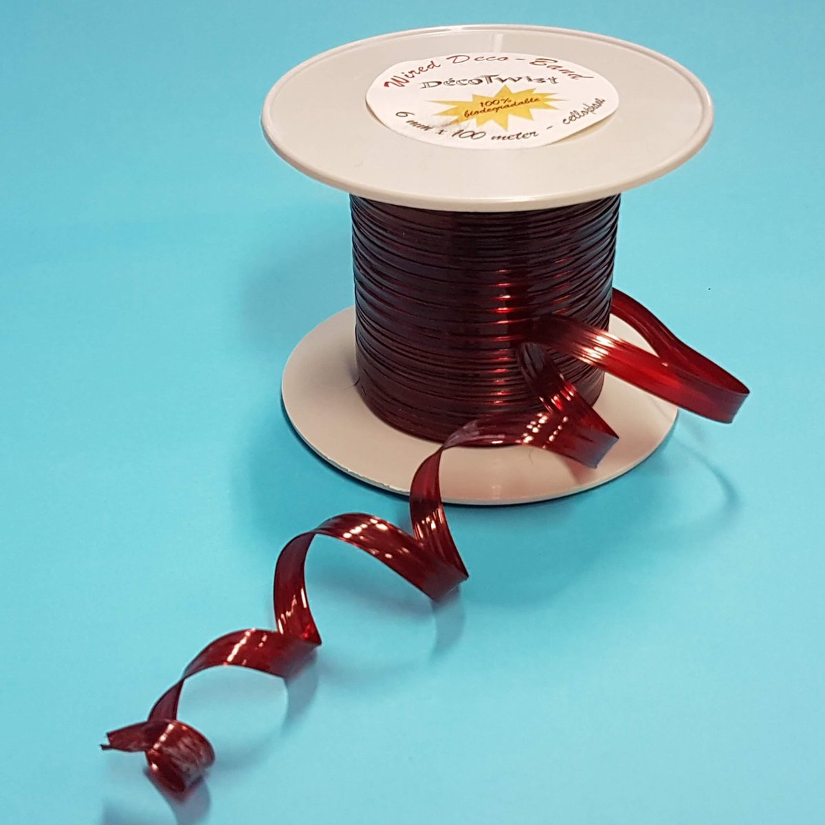 Deco Ribbon 100% Biodegradable Red 6mm x 100 meters and enhanced with metal wire (1 roll)