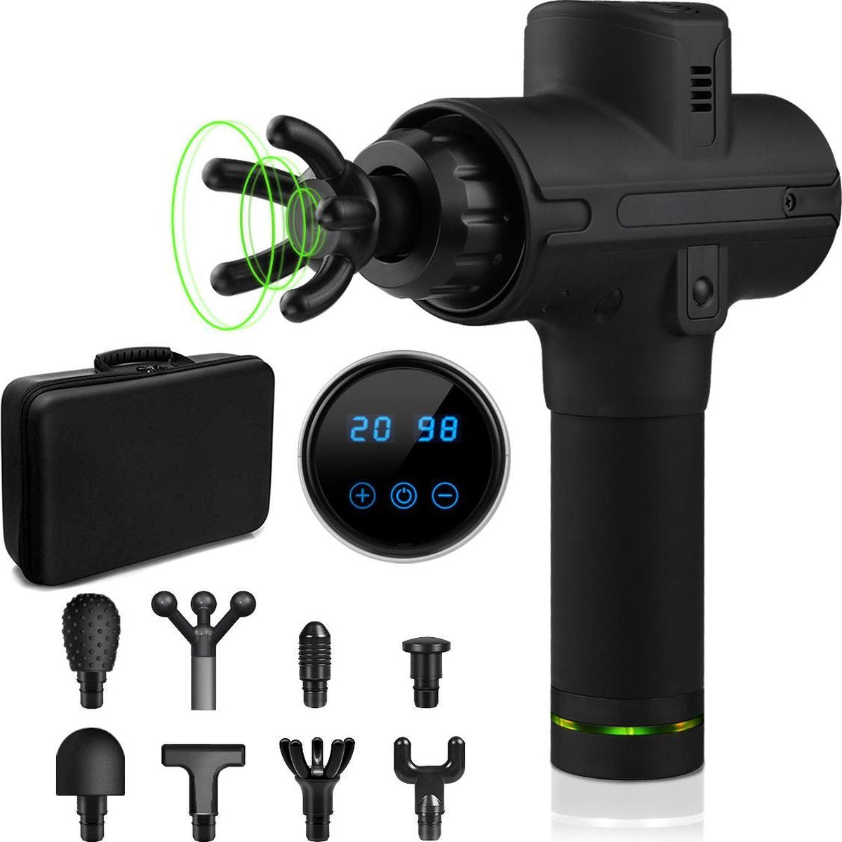 Massage Gun - LCD & Luxe opberg koffer - 20 Snelheden met 8 opzetstukken - Zwart - spierpijn - sport blessures