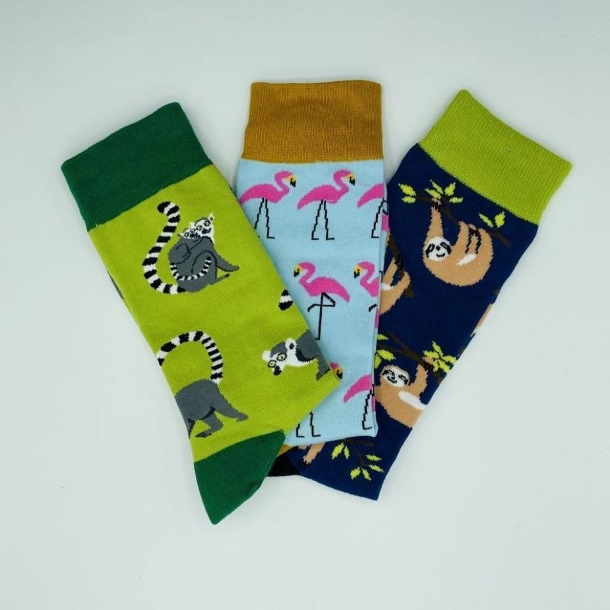JustSockIt dieren sokken 3pack - dieren box - vrolijke sokken - luiaard sokken - flamingo sokken - apen sokken