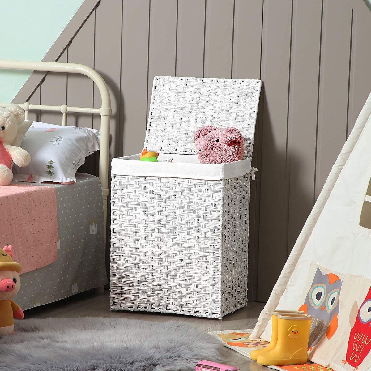 XL Luxe Opvouwbare Rotan Wasmand Met Deksel - Wasgoed Mand - Wasbox Inclusief Stevige Uitneembare Katoenen Waszak Met Handvatten - Laundry Basket Met Hengsel - 90 Liter - Wit