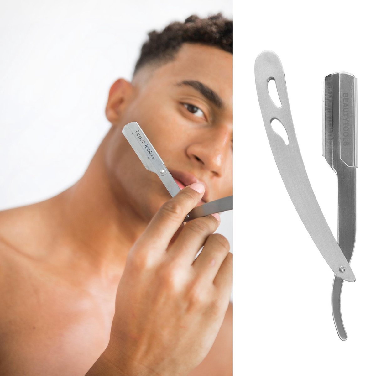 BeautyTools INOX Easy-Shave Open Scheermes / Barbiersmes / Schavette Voor Baard en Nekhaar – Silver Shave - Incl. 10 Derby Double Edge mesjes en Opbergdoos (SR-1215)
