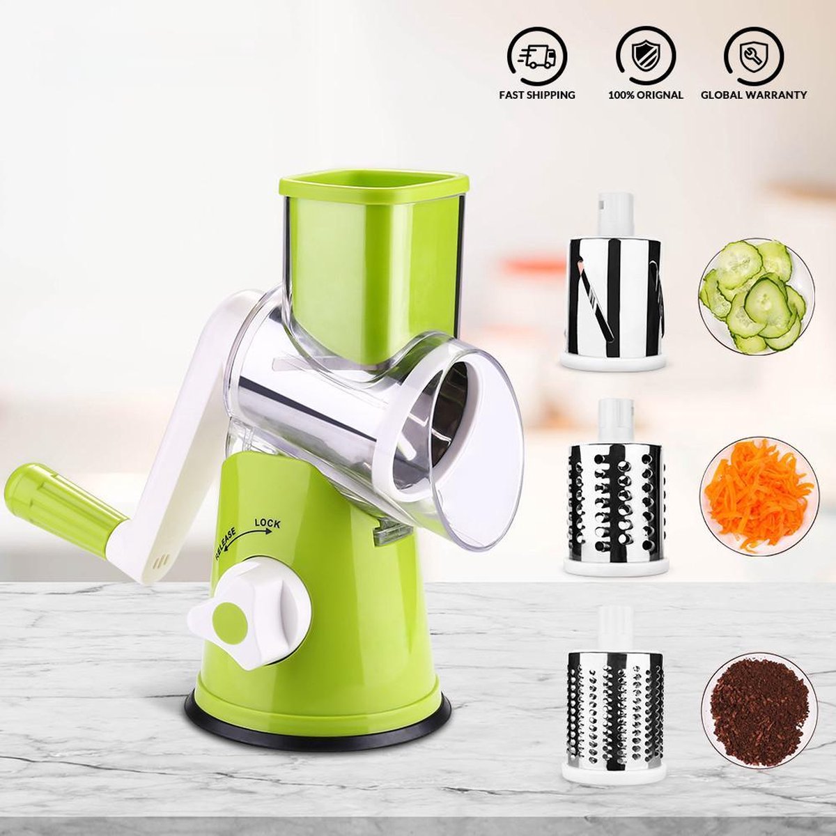 TBG Handmatige Groentesnijder Multifunctionele Roterende Aardappel Kaasschaaf Graan Slijpmolen Keuken Tool 3 Messen Green