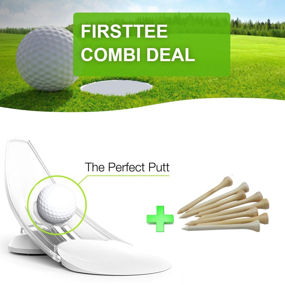 Firsttee - COMBI DEAL - LUXE Putting Trainer & 25 Bamboe Tees (70MM) - Golf accessoires - Sport - Training - Putten - Cadeau - golftrainingsmateriaal - Golfset - Trainingsmaterialen - Golfballen - Swing - Mat - Trolley - Tees - Net - Oefenen - Cup