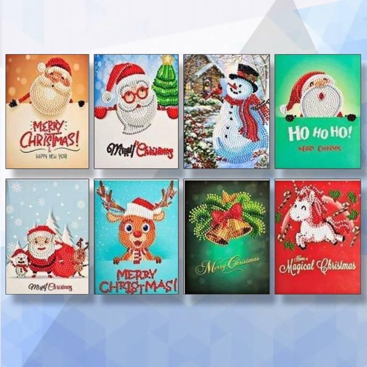Diamond painting pakket Kerstkaarten met Kerstboom - ronde steentjes - set van 8 verschillende kaarten - kerstman