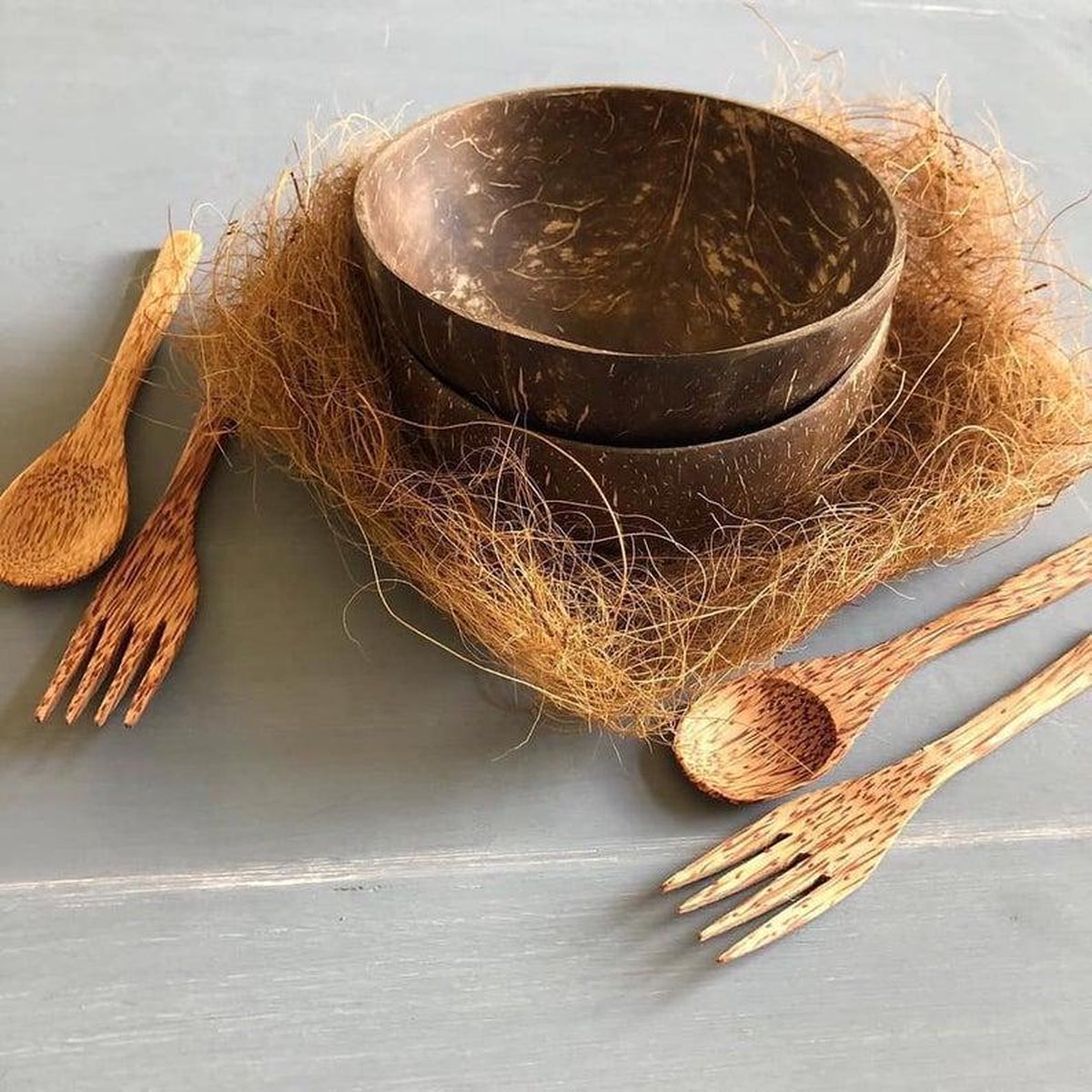2 kokosnoot schaaltjes + 2 vorken + 2 lepels - Kom - Coconut bowl - 100% biologisch - Eco