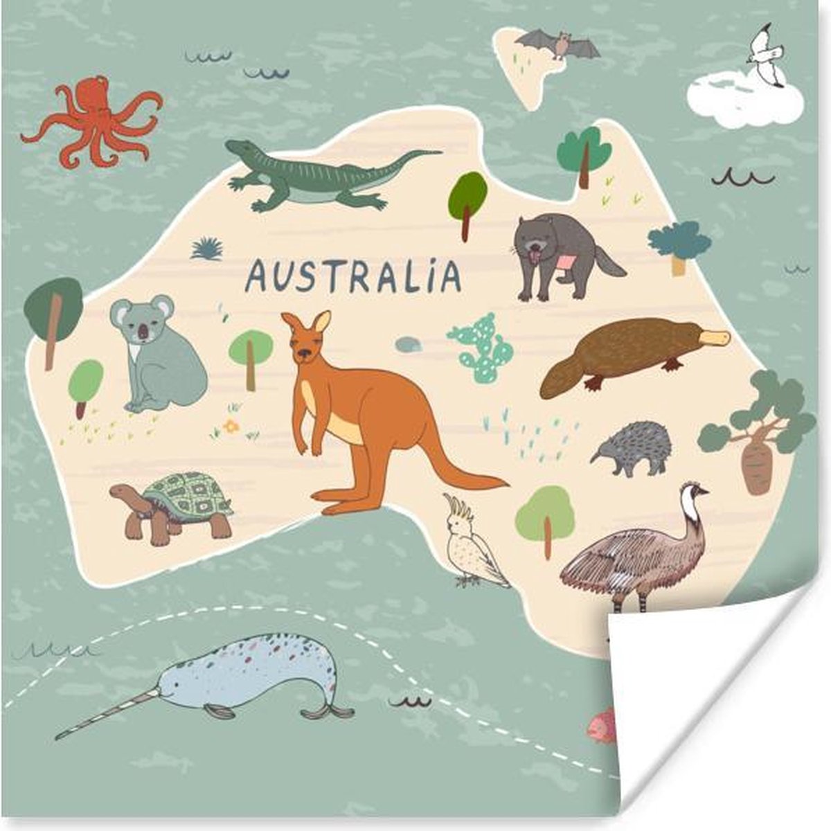 Wereldkaart kinderen - Dieren - Australië - Schoolplaat - Kinderkamer - 100x100 cm
